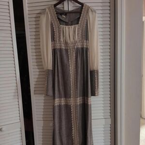 Gunne Sax Cream and Gray Lace-Trim Maxi Dress